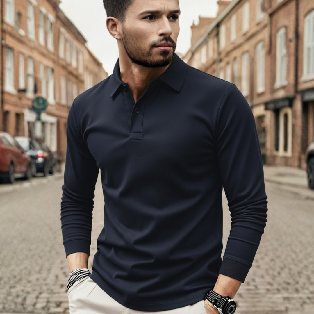 Mens long sleeve polo shirt solid color loose fit polyester fabric
