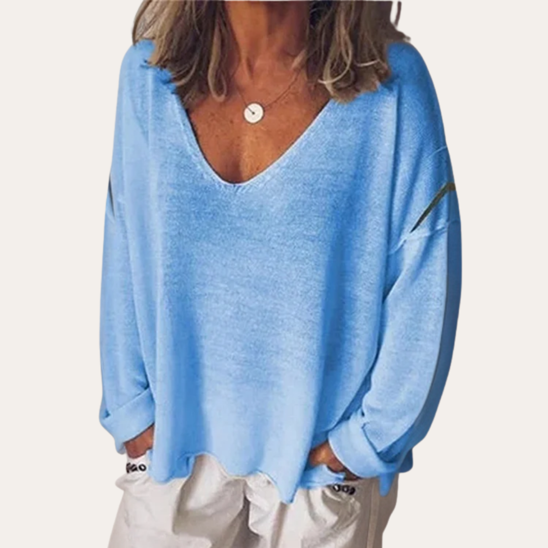 Damen Leinen V-Ausschnitt Langarmshirt Lockerer Schnitt Freizeit | Vestea
