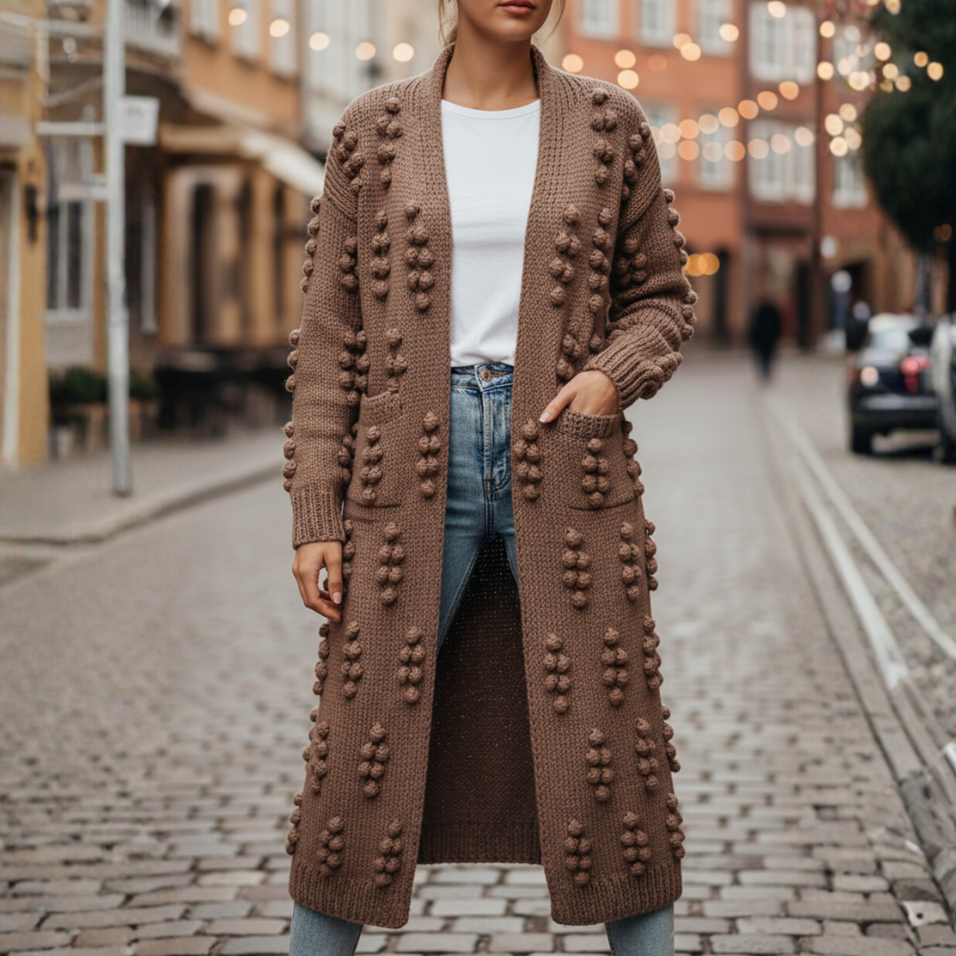 Damen Lange Grobstrick-Strickjacke mit Zopfmuster | Vestea