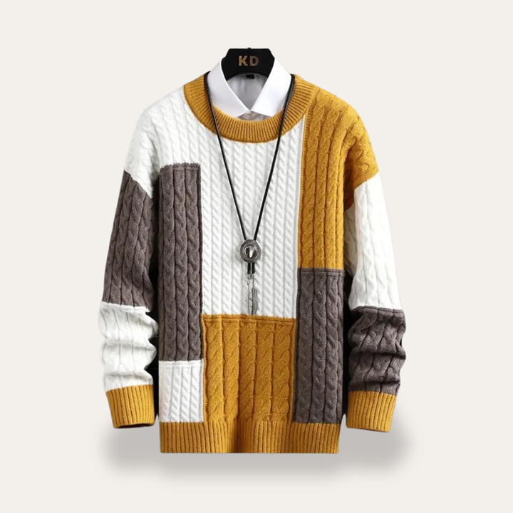 Herren Strickpullover Rundhals Patchwork Zopfmuster | Vestea