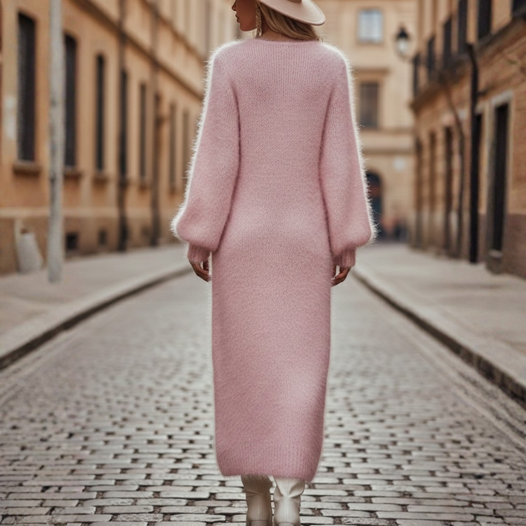 Vestido de punto midi con cuello en V peludo, abertura lateral y mangas largas para mujer
