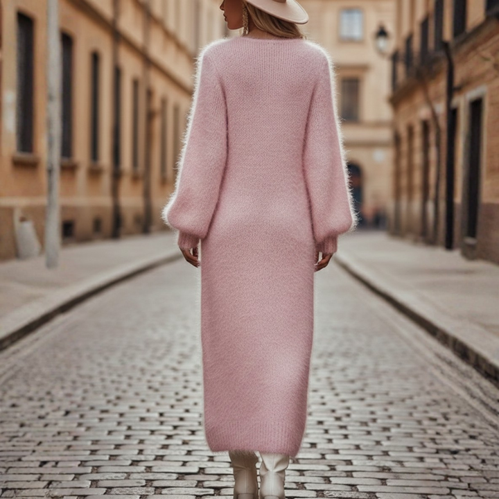 Vestido de punto midi con cuello en V peludo, abertura lateral y mangas largas para mujer