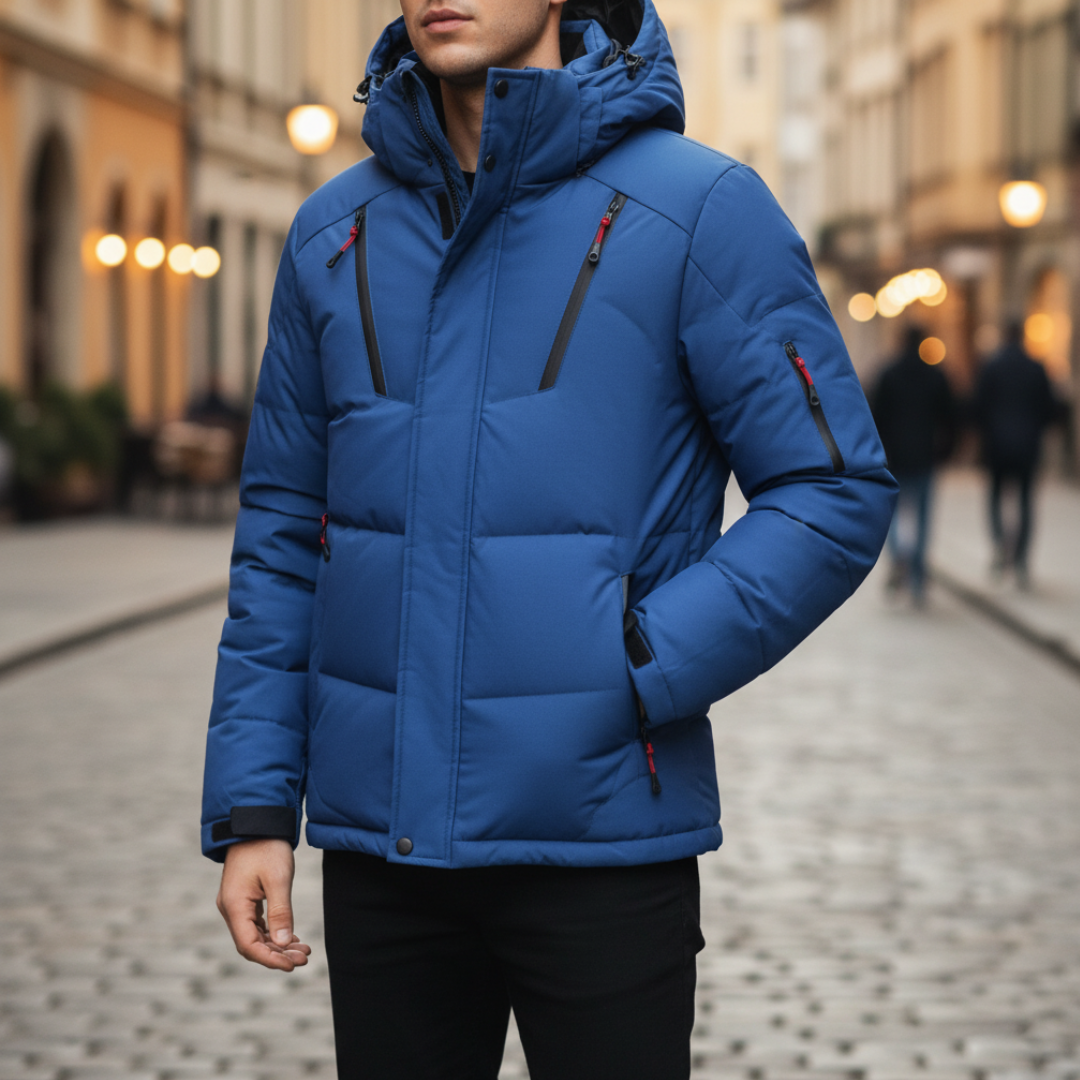 Winter down jacket for men with hood and zipper | Vestea