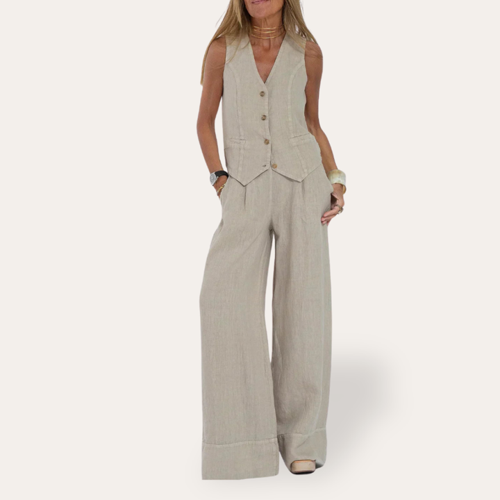 Damen Leinenweste und weite Hose Set Ärmellos Sommer | Vestea