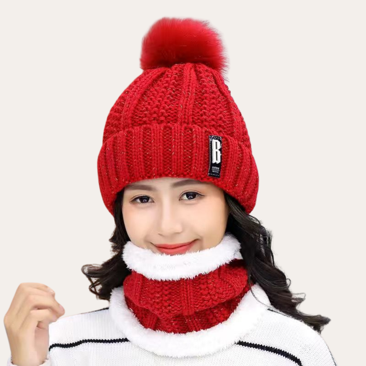 Damen Wintermütze mit Bommel und Strickschal Set | Vestea