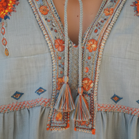 Peasant Blouse V Neck Embroidered Long Sleeve Light Blue Womens