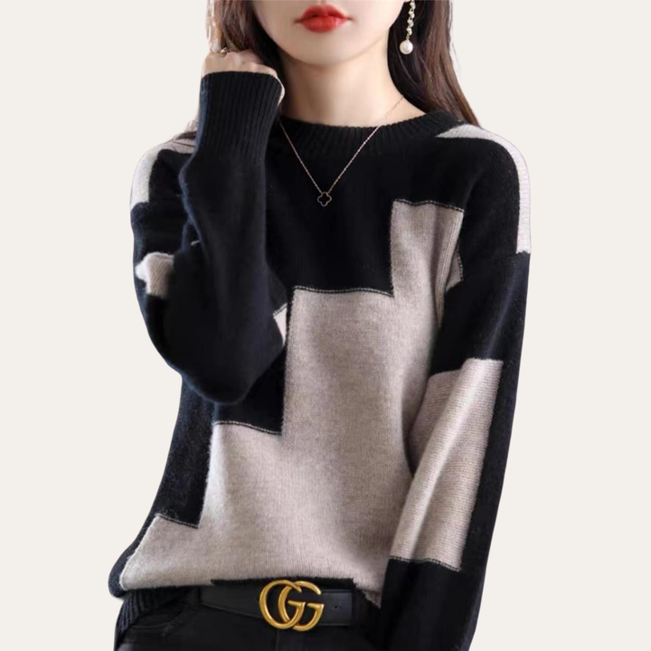 Damen Pullover Strick Langarm Rundhals Patchwork Design Wollmischung | Vestea