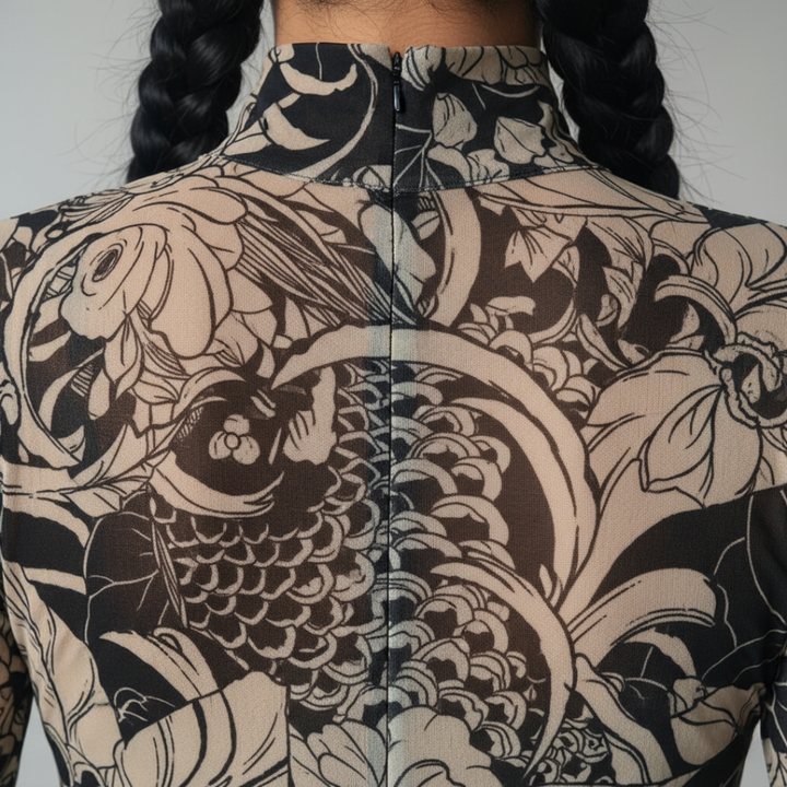 Women’s Tan Graphic Mock Neck Maxi Dress