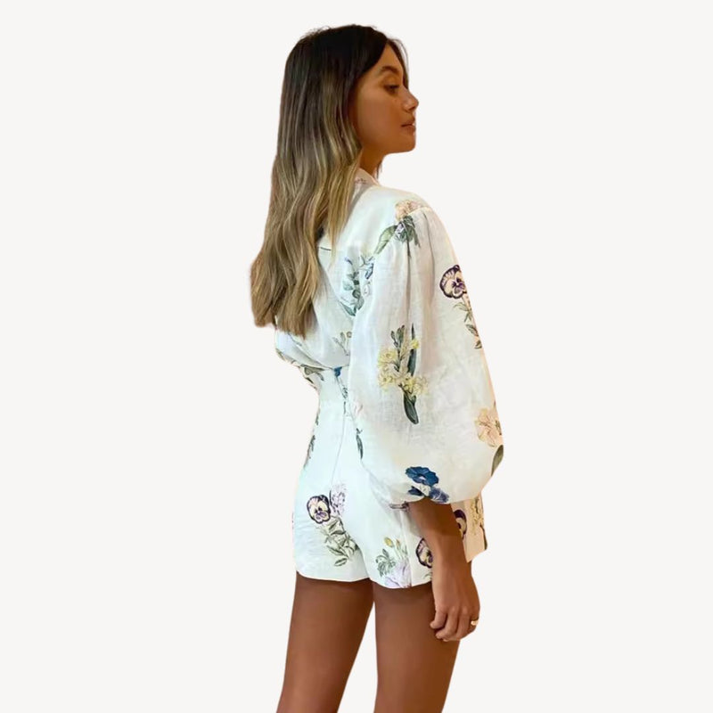 Damen Blumen Leinen Shorts Set Geknöpft | Vestea
