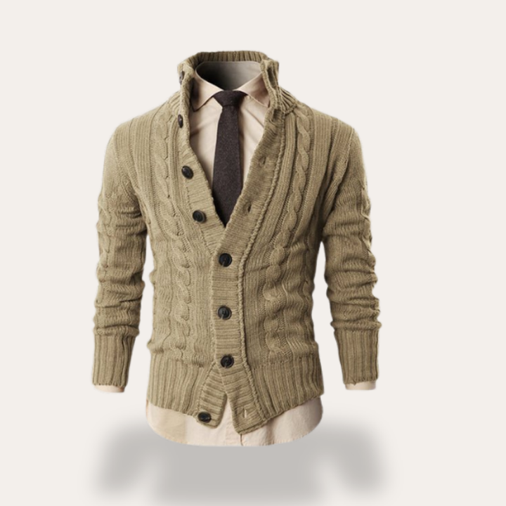 Herren Strickjacke Zopfstrick Wollmix V-Ausschnitt Knopfleiste | Vestea