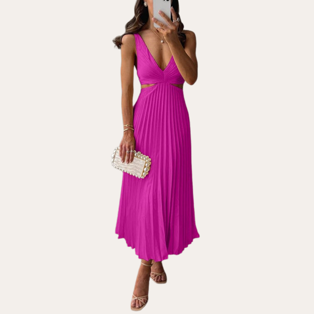 Damen Plisseekleid Midikleid V-Ausschnitt Ärmellos Sommerkleid | Vestea