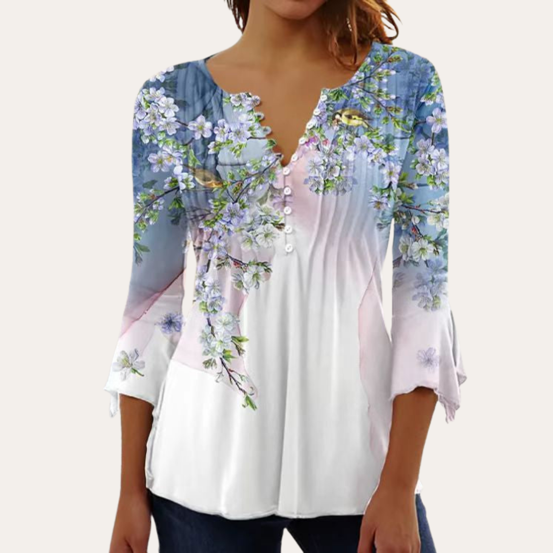 Bluse mit Knopfleiste und Blumenmuster für Damen | Vestea