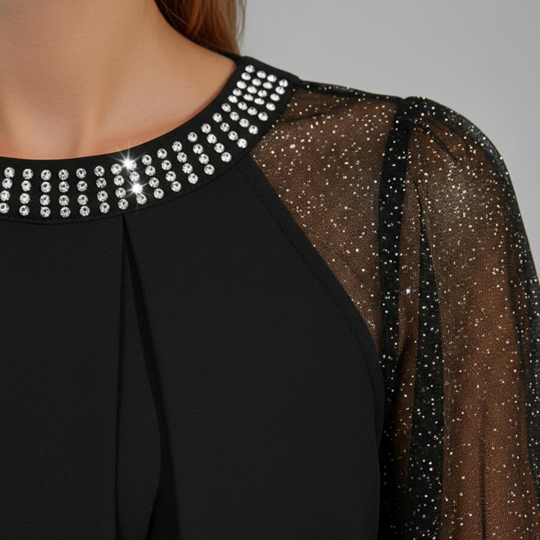 Haut en maille à manches longues avec paillettes et strass noir pour femme