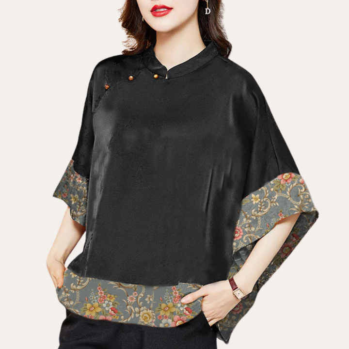 Damen Bluse Kimono Schnitt Muster Stehkragen Kurzarm | Vestea
