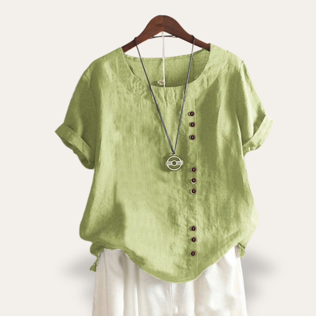 Leinen Damen Bluse mit Knopfleiste Kurzarm Asymmetrisch | Vestea