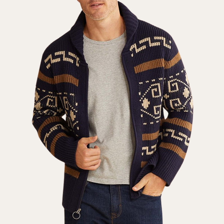 Herren Strickjacke Wollmix Reißverschluss Ethno Muster | Vestea