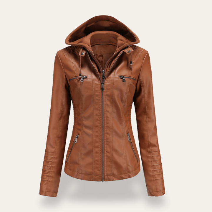 Damen Bikerjacke mit Kapuze Kunstleder Reißverschluss Slim Fit | Vestea