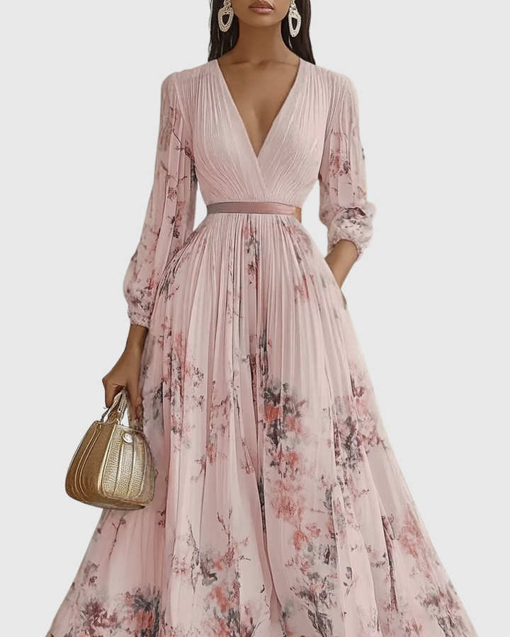 Vestido Maxi para Mujer de Satén Plisado con Escote en V, Manga Larga y Cintura Ajustable