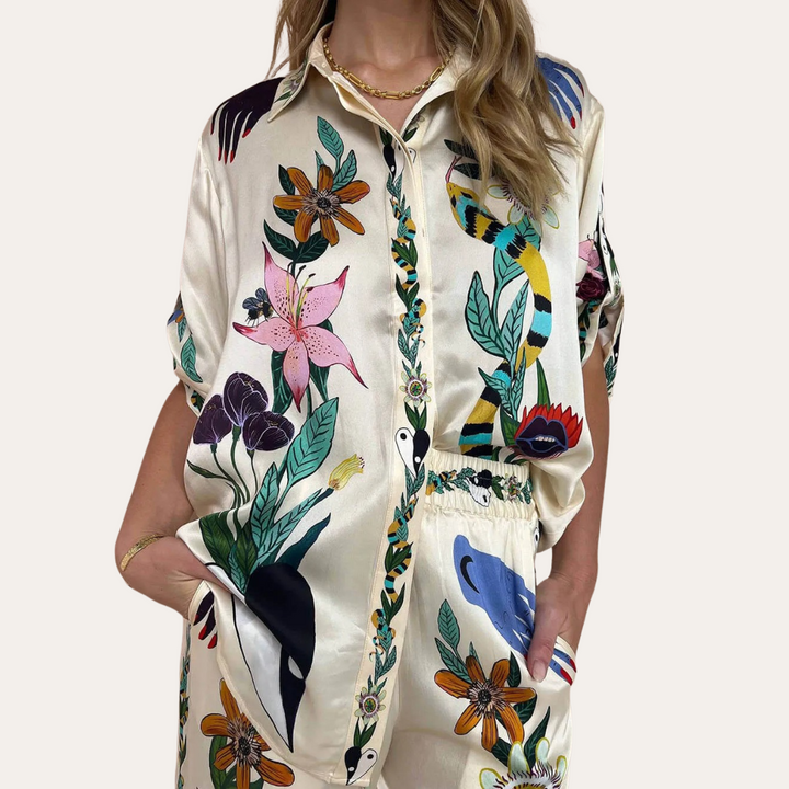 Damen Satin Zweiteiler mit tropischem Print | Vestea