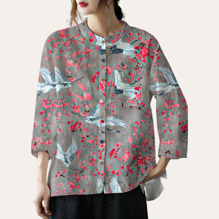 Damen Leinen Bluse mit Muster Langarm Freizeit Hemdkragen Shirt | Vestea