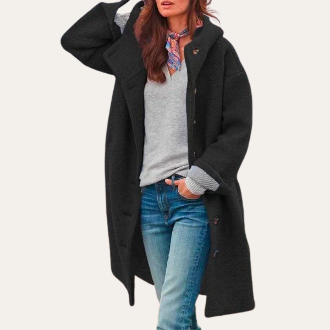 Damen Oversize Wollmantel mit Kapuze Knopfverschluss | Vestea