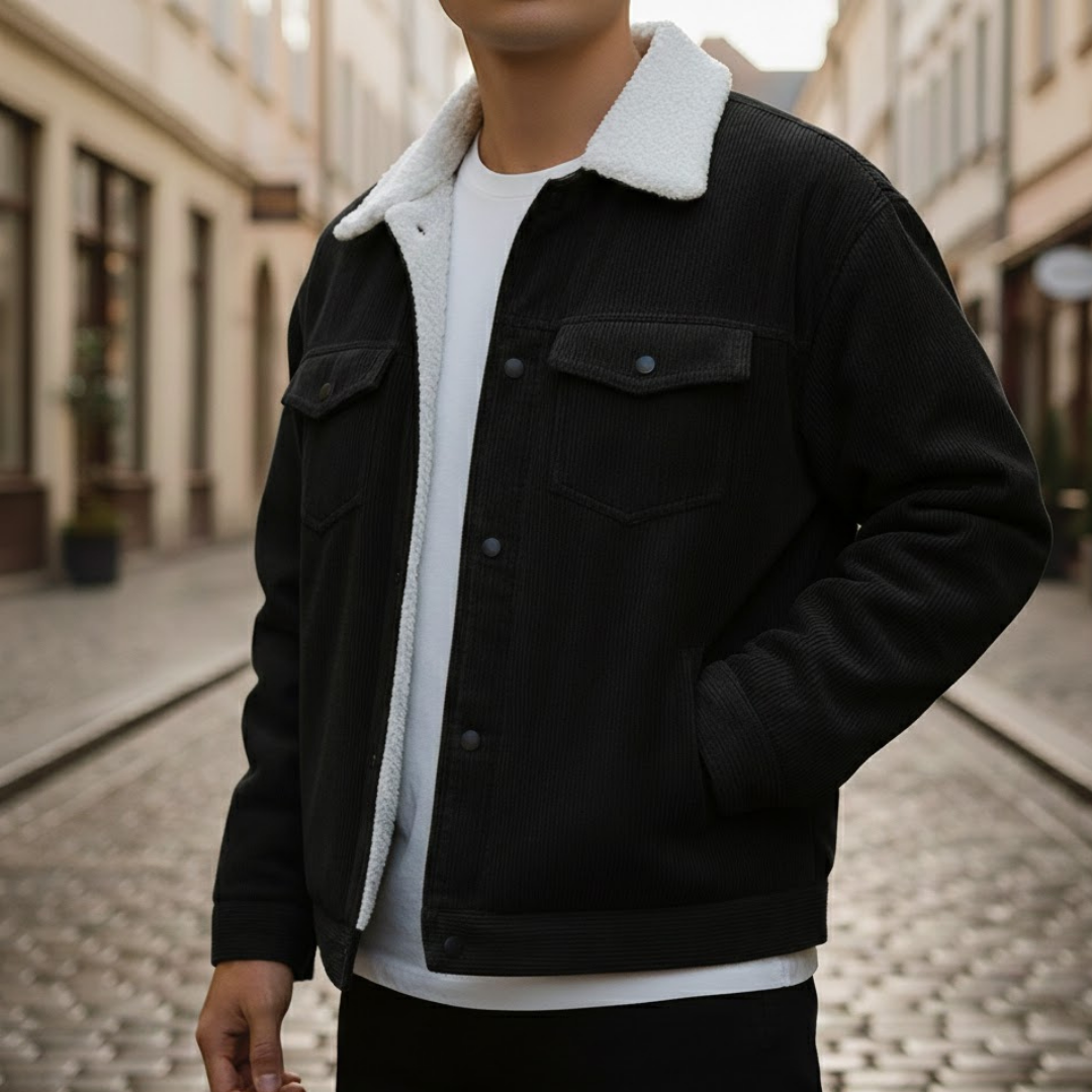 Chaqueta de pana para hombre con botones al frente y cuello vuelto