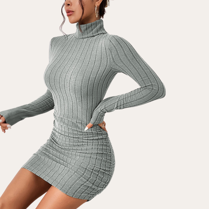 Damen Kleid Langarm Rollkragen Strickoptik | Vestea