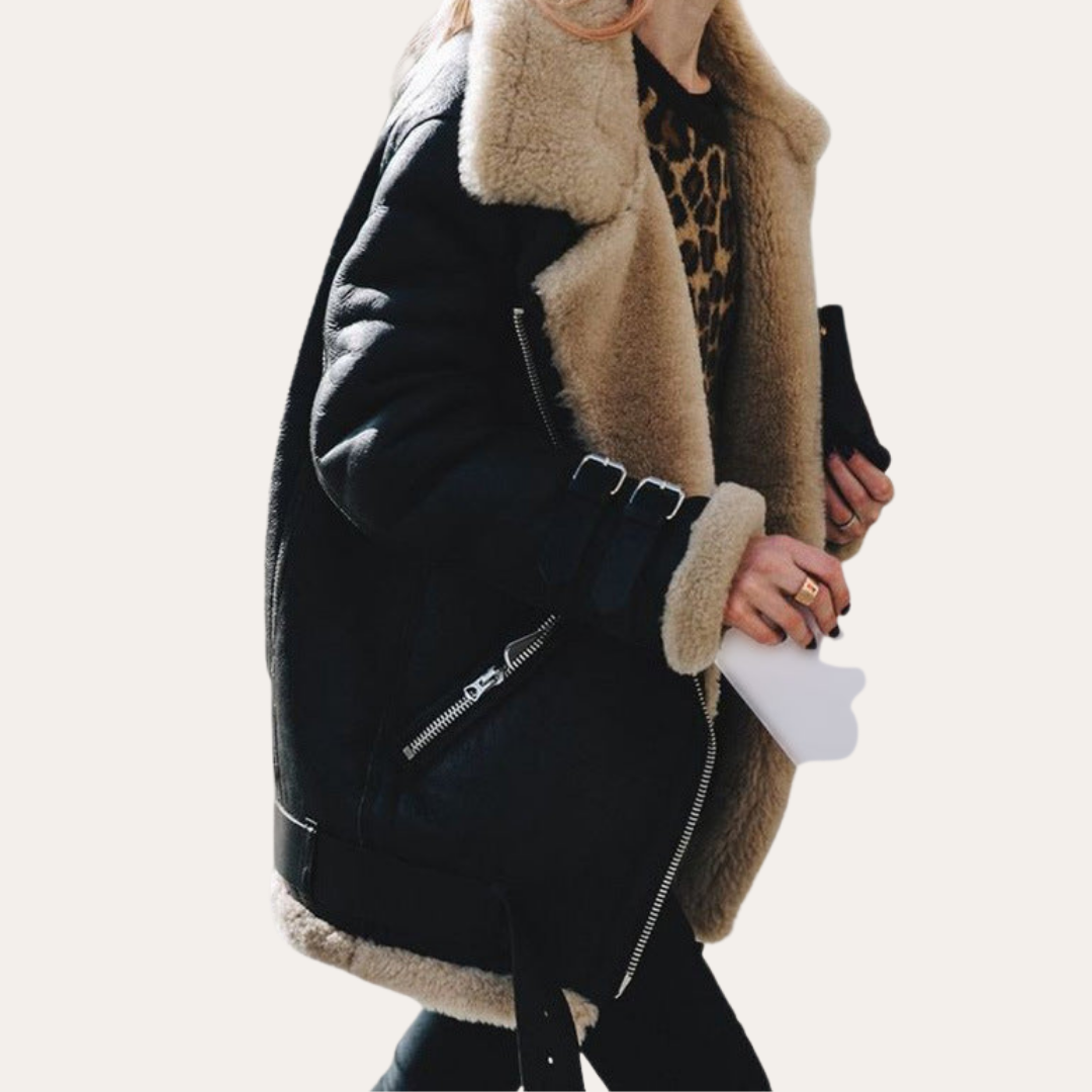 Damen Lammfelljacke Oversized Kunstleder Winterjacke mit Gürtel | Vestea