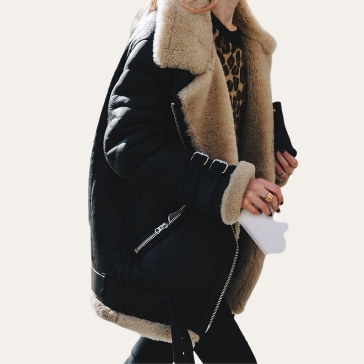 Damen Lammfelljacke Oversized Kunstleder Winterjacke mit Gürtel | Vestea