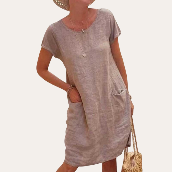 Leinen Sommerkleid mit Taschen Damen Freizeitkleid Kurzarm | Vestea