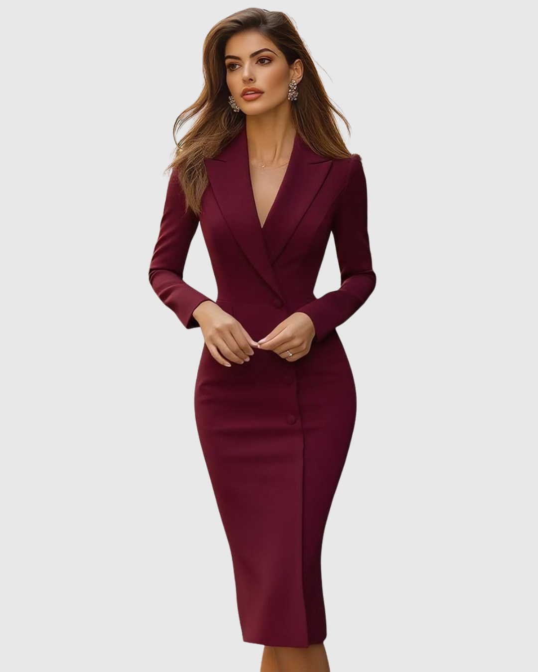 Robe midi femme style blazer cintrée à manches longues avec boutons sur le devant – Travail formel