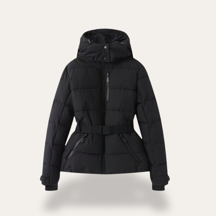Damen Steppjacke Taillengürtel Reißverschluss Kapuze Winterjacke | Vestea