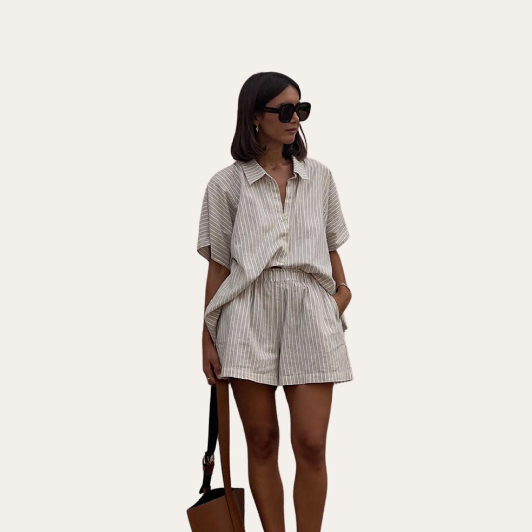Damen Gestreift Leinen Sommer Set | Vestea