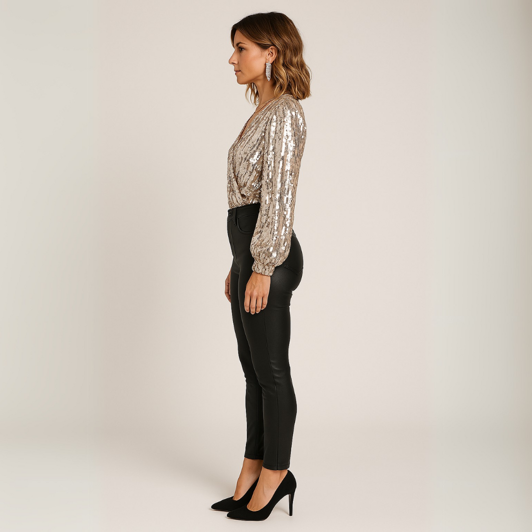 Vestea | Damen Pailletten Surplice Bluse – Gold Party Oberteil