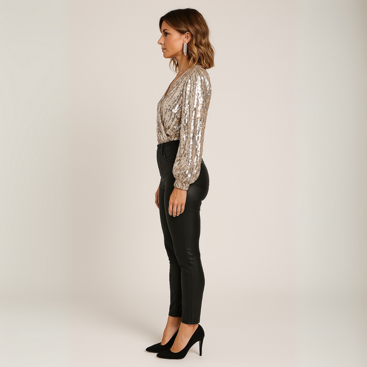 Vestea | Damen Pailletten Surplice Bluse – Gold Party Oberteil