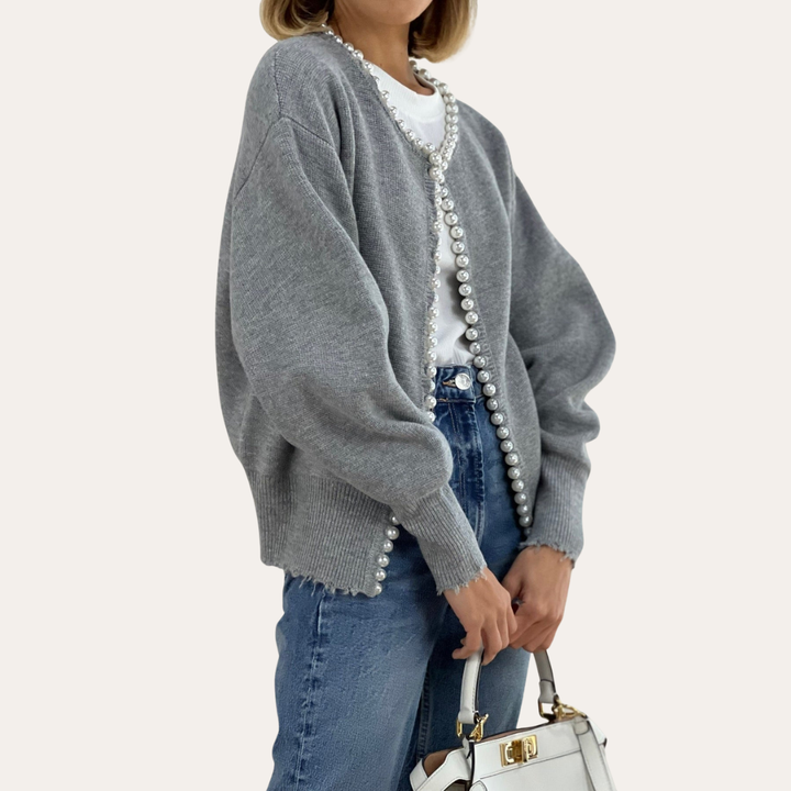 Damen Strickjacke mit Perlenbesatz Langarm Cardigan | Vestea