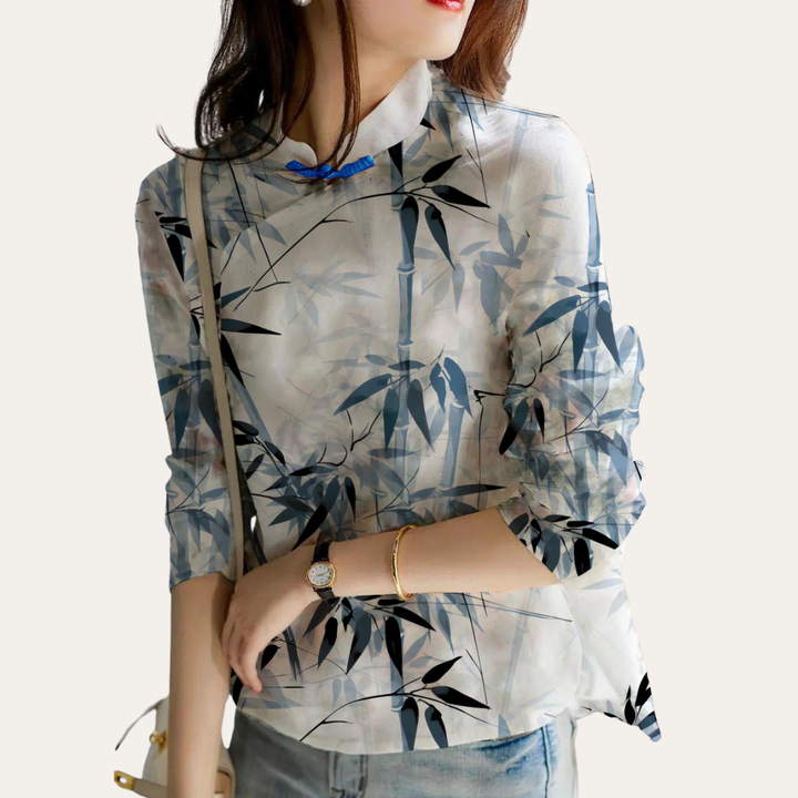 Damen Bluse Leinen Stickerei Langarm Stehkragen Frühling Top Elegant | Vestea