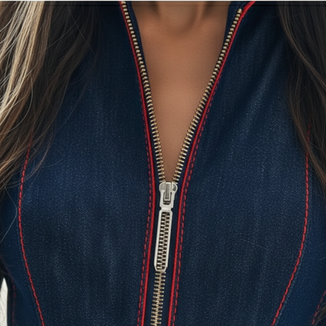 Denim Jumpsuit Long Sleeve Zip Front Wide Leg Women Blue
