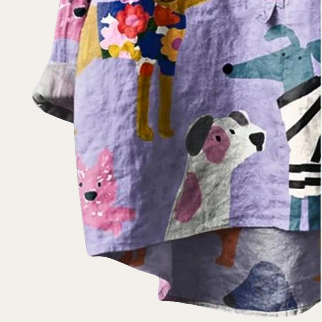 Damen Bluse mit Hunde Motiv Langarm Casual | Vestea