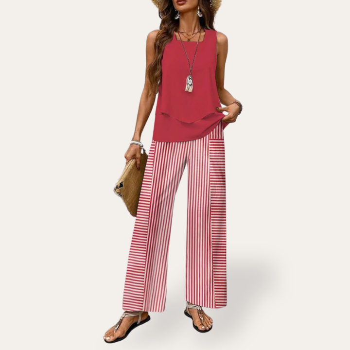 Damen Top mit V-Ausschnitt und weiten Hosen Sommeroutfit | Vestea