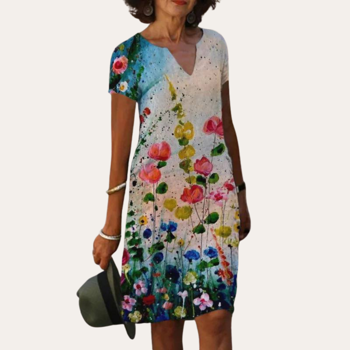 Sommerkleid mit Blumenmuster aus Leinen Damen Kurzarmkleid | Vestea