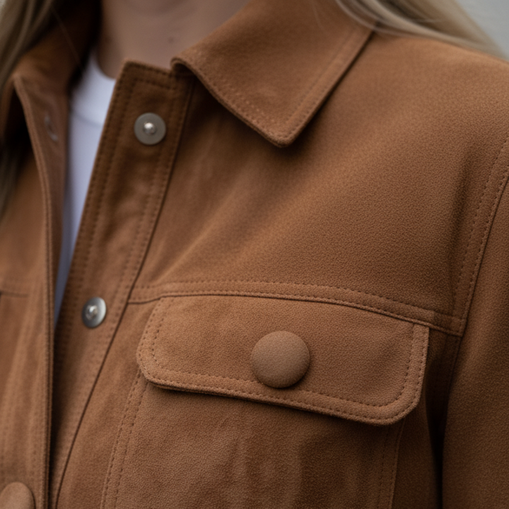 Damen Kurzjacke aus Wildlederoptik mit Knopfleiste und Brusttaschen | Vestea