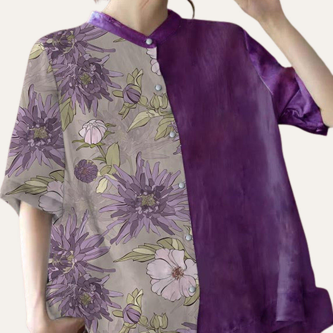 Damen Sommer Leinenbluse Print Kurzarm Stehkragen | Vestea