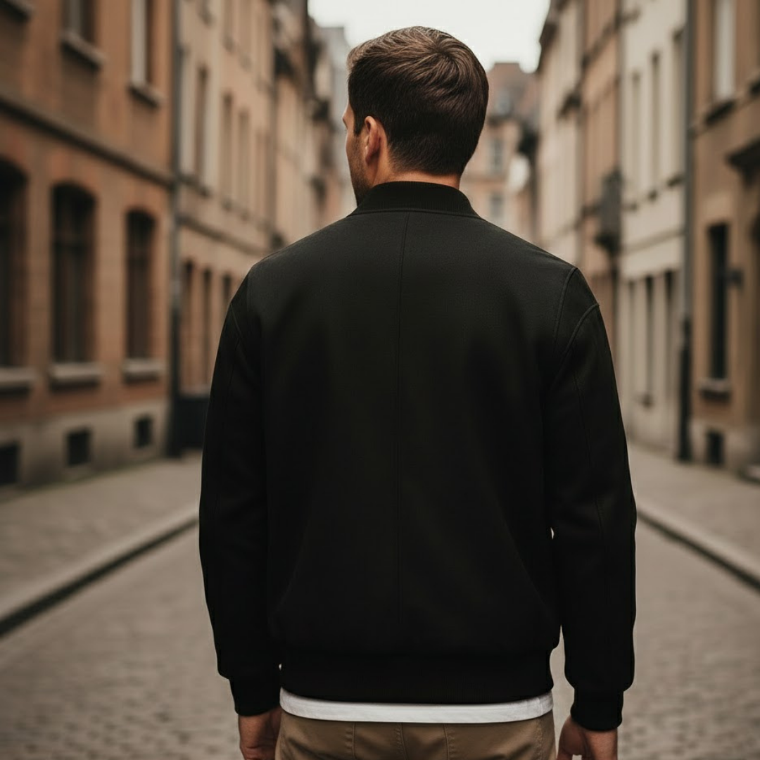 Chaqueta bomber de ante vegano para hombre con cuello acanalado y cremallera