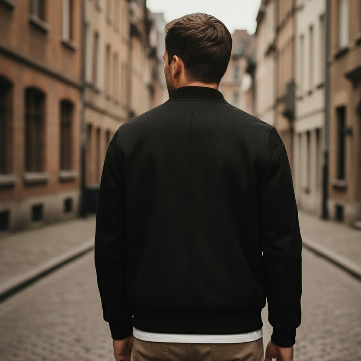 Chaqueta bomber de ante vegano para hombre con cuello acanalado y cremallera