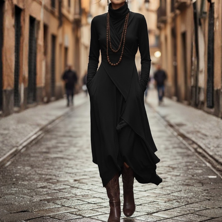 Womens Maxi Dress Asymmetrical Pleated Rayon Long Sleeve