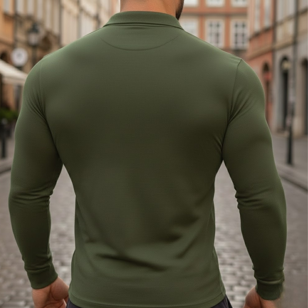 Polo homme à manches longues en polyester, coton et tissu extensible, vêtement d'automne
