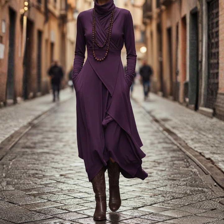 Womens Maxi Dress Asymmetrical Pleated Rayon Long Sleeve