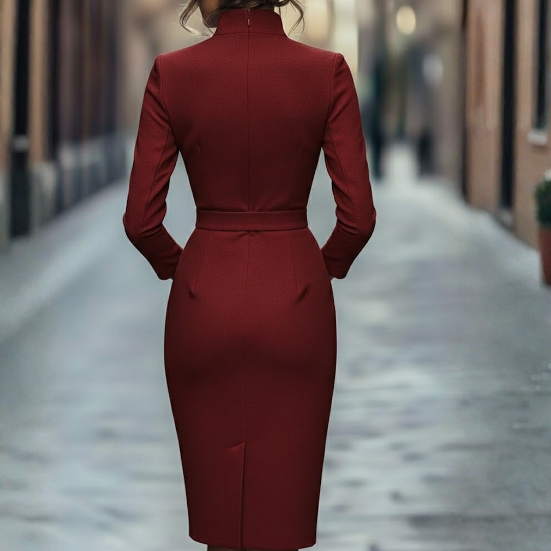 Women Black Pencil Dress Mock Wrap Neckline Three Quarter Sleeve