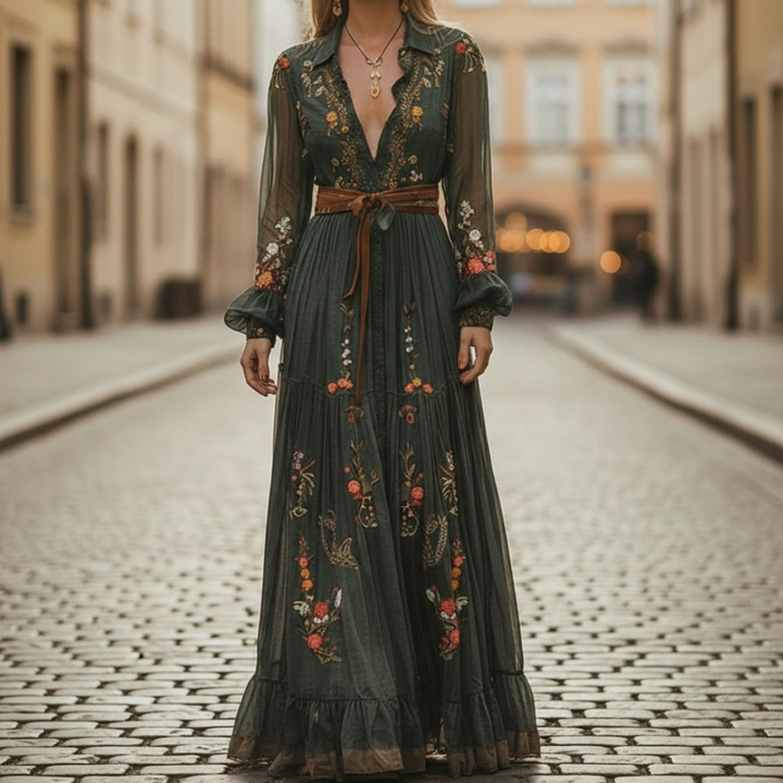 Women Boho Maxi Dress Long Sleeve V Neck Belted Waist
